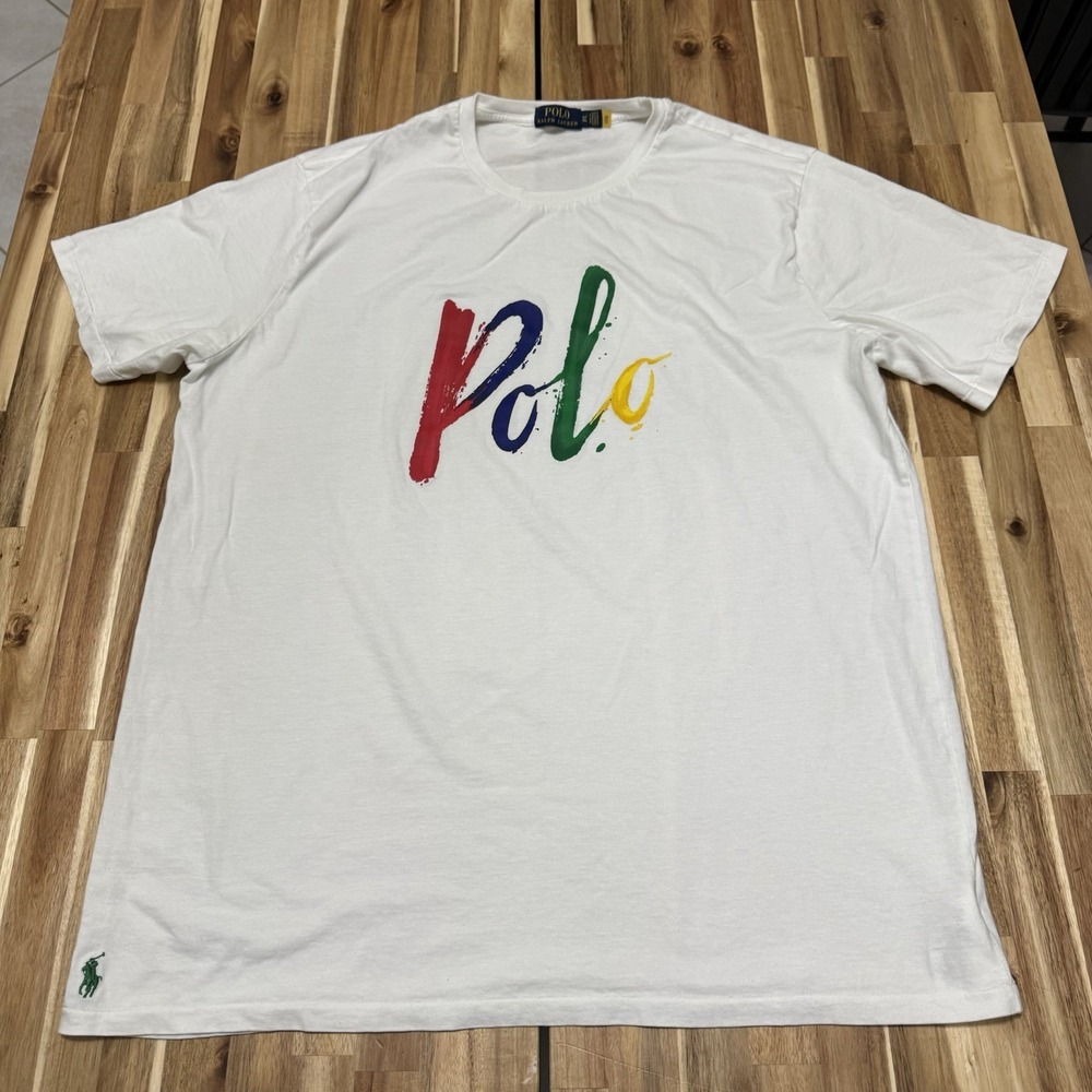 Polo Ralph Lauren Shirt Mens XLT White Paint Script Colorful Preppy Spell‎ Out